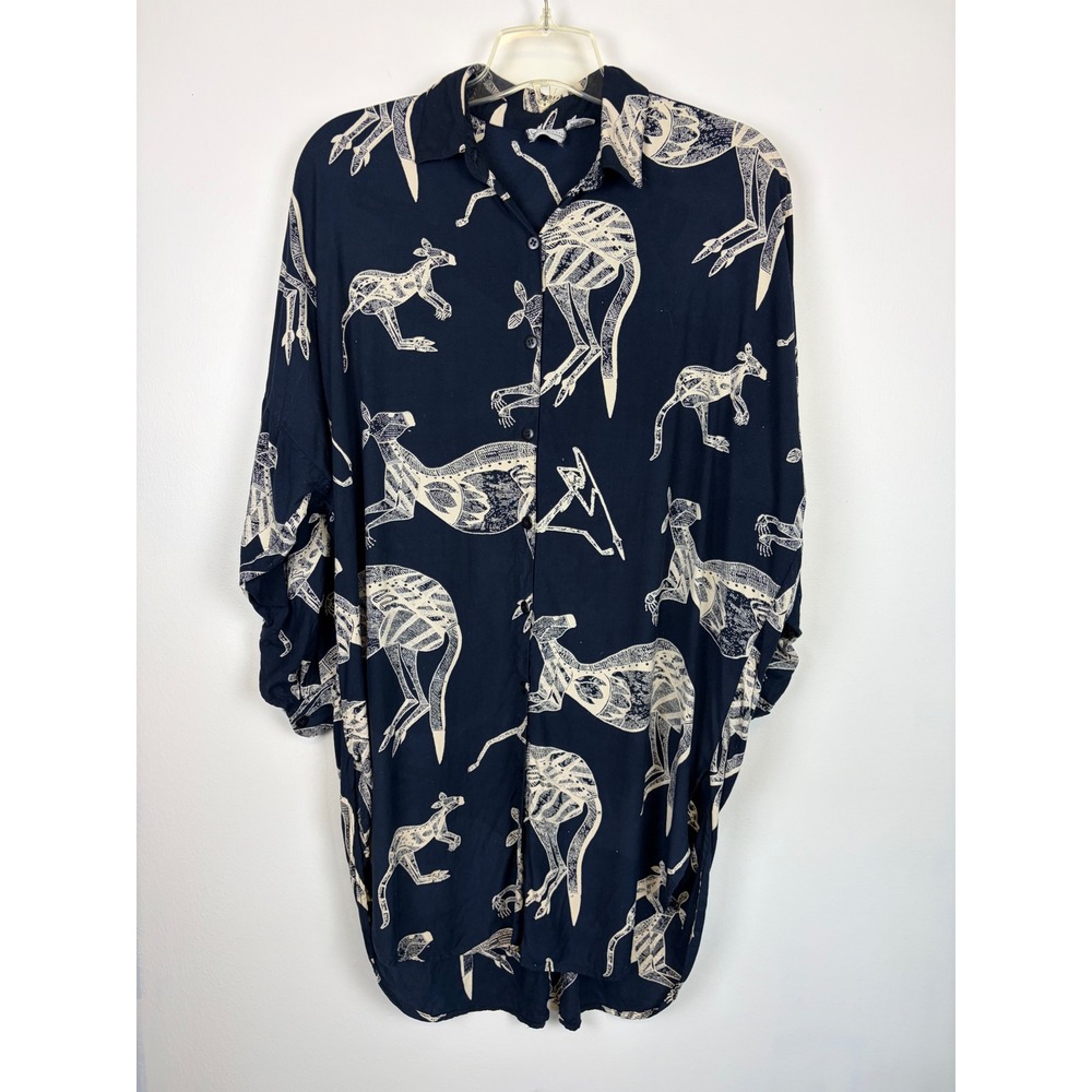 Vintage New‎ Options Kangaroo Shirt One Size Navy Zoo Oversize Button Down Artsy